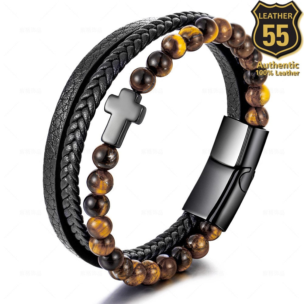 Leather 55 Ανδρικό Xειροποίητο Δερμάτινο βραχιόλι με ανοξείδωτο ατσάλι σε συσκευασία δώρου / Κωδικός Προϊόντος: C106