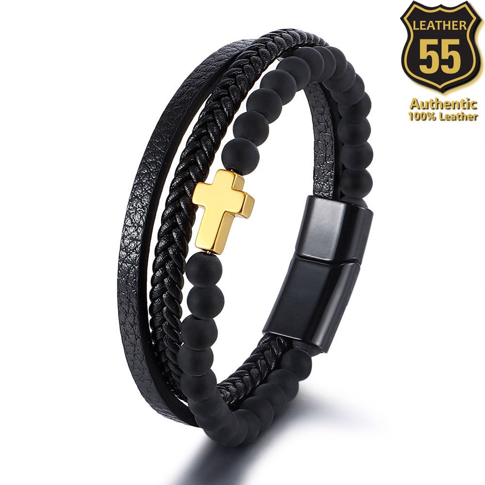Leather 55 Ανδρικό Xειροποίητο Δερμάτινο βραχιόλι με ανοξείδωτο ατσάλι σε συσκευασία δώρου / Κωδικός Προϊόντος: C107