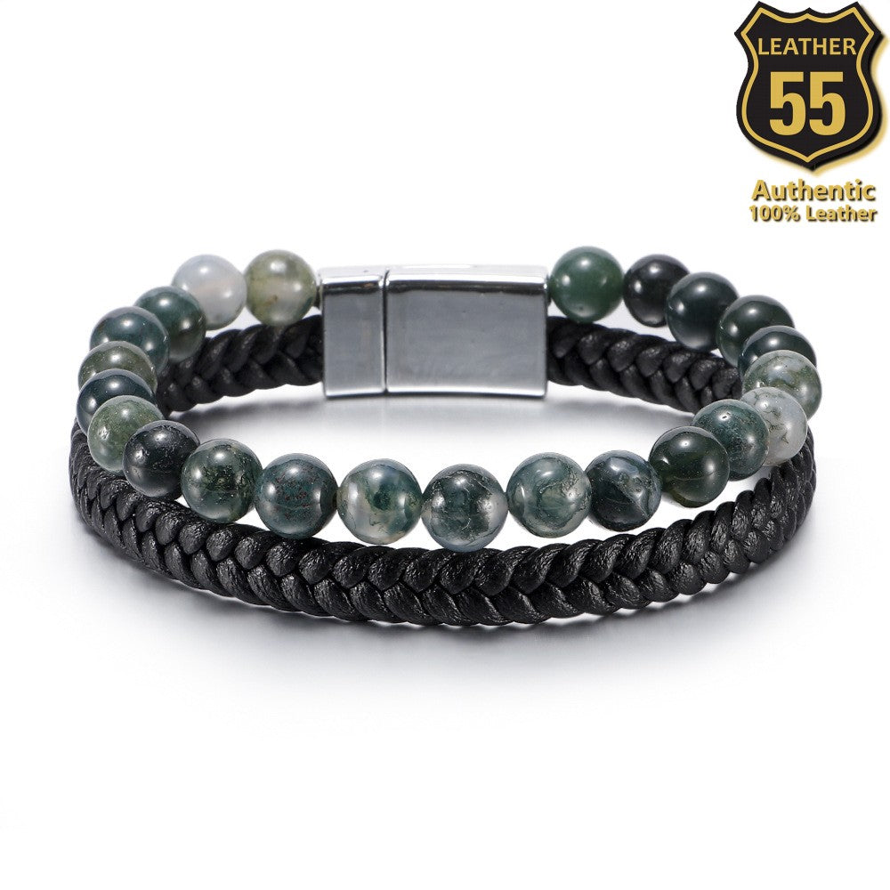 Leather 55 Ανδρικό Xειροποίητο Δερμάτινο βραχιόλι με ανοξείδωτο ατσάλι σε συσκευασία δώρου / Κωδικός Προϊόντος: C170