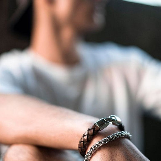 Leather 55 Ανδρικό Xειροποίητο Δερμάτινο βραχιόλι με ανοξείδωτο ατσάλι σε συσκευασία δώρου / Κωδικός Προϊόντος: C164