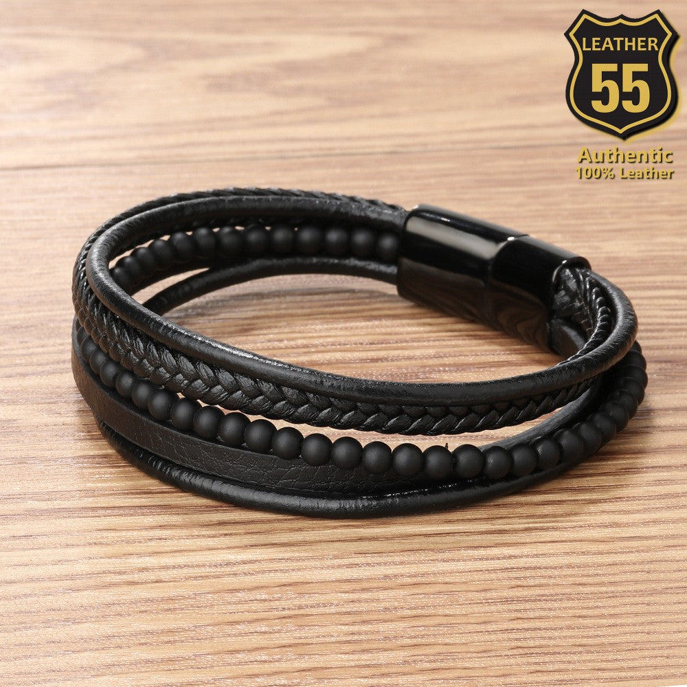 Leather 55 Ανδρικό Xειροποίητο Δερμάτινο βραχιόλι με ανοξείδωτο ατσάλι σε συσκευασία δώρου / Κωδικός Προϊόντος: C131