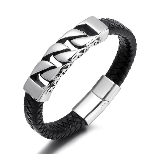 Leather 55 Ανδρικό Xειροποίητο Δερμάτινο βραχιόλι με ανοξείδωτο ατσάλι σε συσκευασία δώρου / Κωδικός Προϊόντος: C144