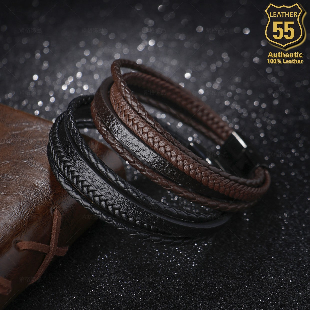 Leather 55 Ανδρικό Xειροποίητο Δερμάτινο βραχιόλι με ανοξείδωτο ατσάλι σε συσκευασία δώρου / Κωδικός Προϊόντος: C147