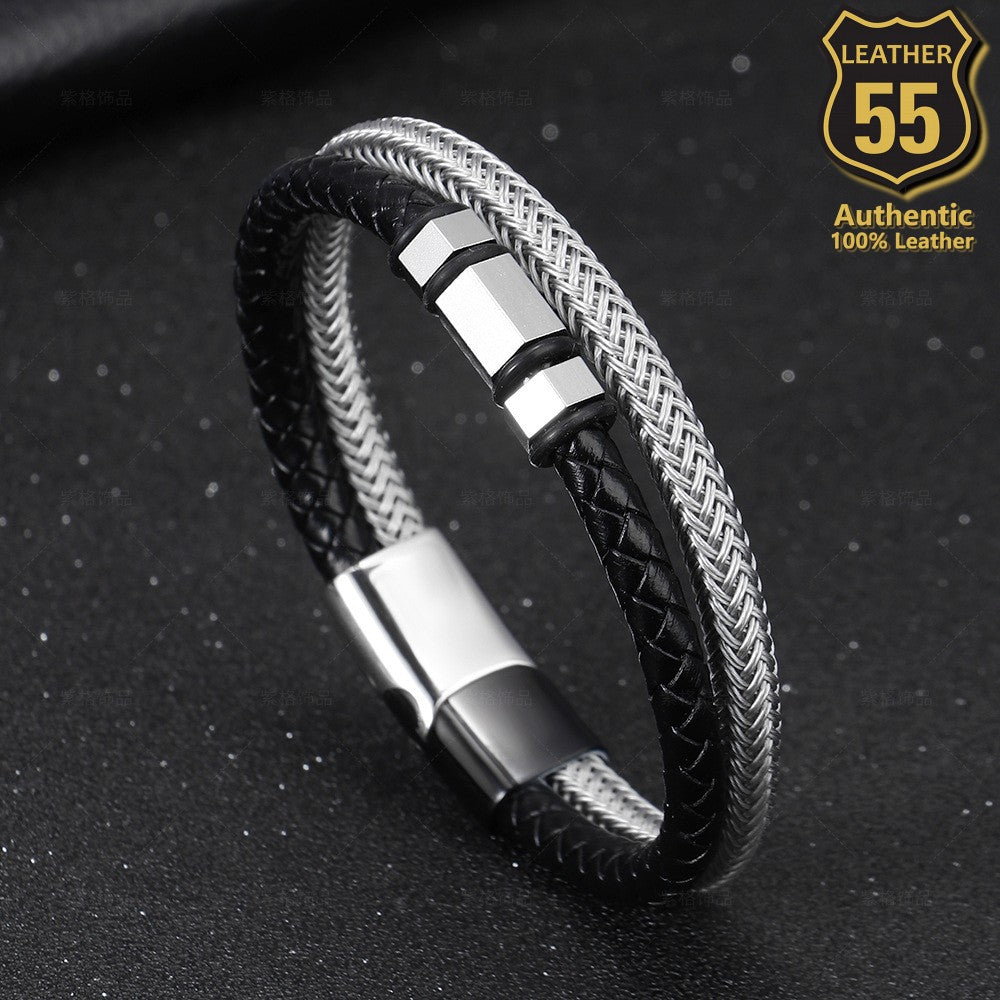 Leather 55 Ανδρικό Xειροποίητο Δερμάτινο βραχιόλι με ανοξείδωτο ατσάλι σε συσκευασία δώρου / Κωδικός Προϊόντος: C149