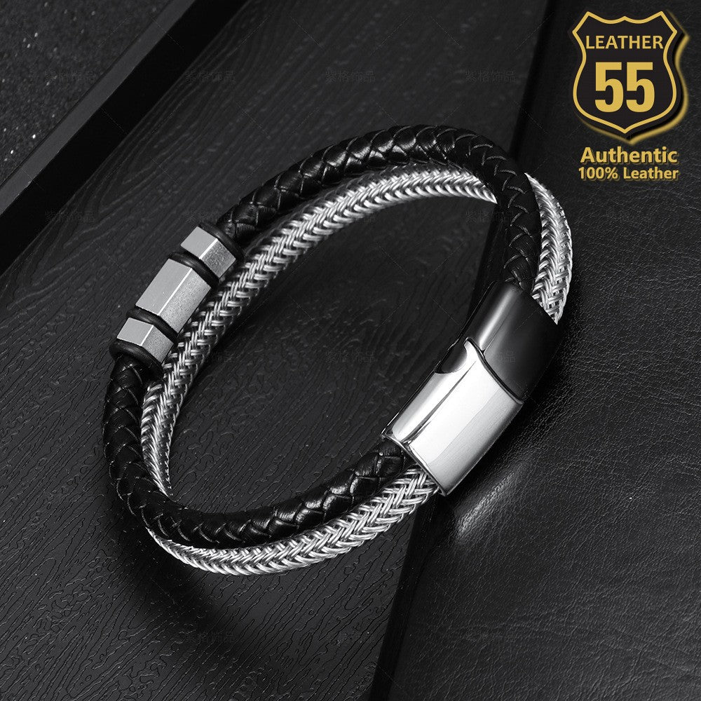 Leather 55 Ανδρικό Xειροποίητο Δερμάτινο βραχιόλι με ανοξείδωτο ατσάλι σε συσκευασία δώρου / Κωδικός Προϊόντος: C149