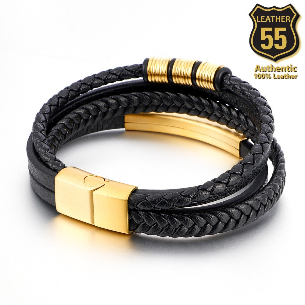 Leather 55 Ανδρικό Xειροποίητο Δερμάτινο βραχιόλι με ανοξείδωτο ατσάλι σε συσκευασία δώρου / Κωδικός Προϊόντος: C154