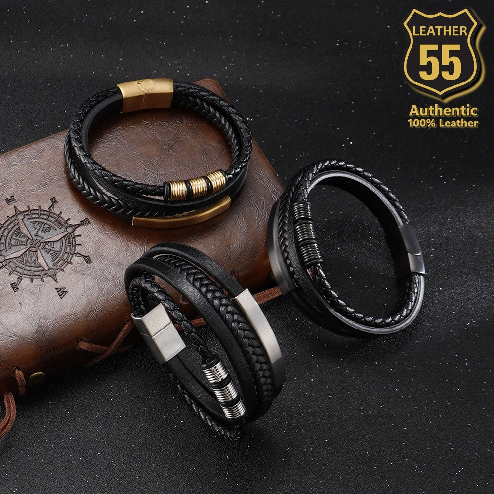Leather 55 Ανδρικό Xειροποίητο Δερμάτινο βραχιόλι με ανοξείδωτο ατσάλι σε συσκευασία δώρου / Κωδικός Προϊόντος: C154