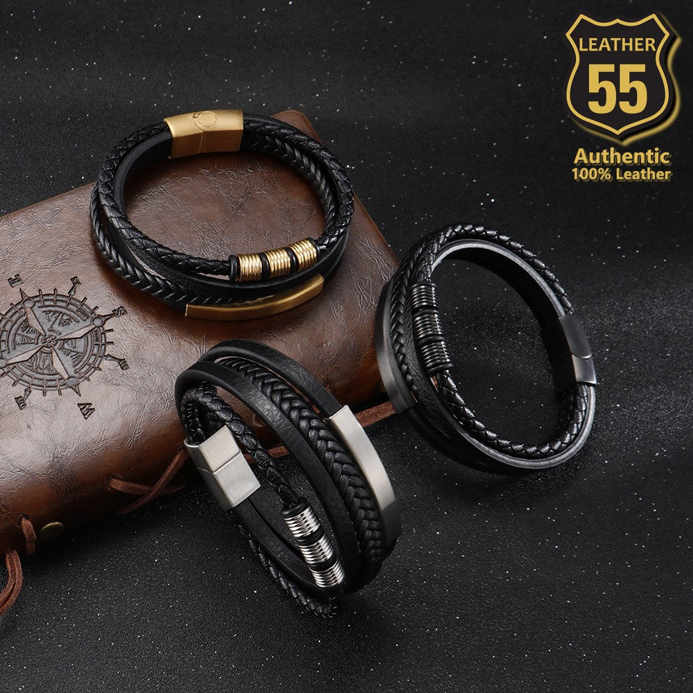 Leather 55 Ανδρικό Xειροποίητο Δερμάτινο βραχιόλι με ανοξείδωτο ατσάλι σε συσκευασία δώρου / Κωδικός Προϊόντος: C155