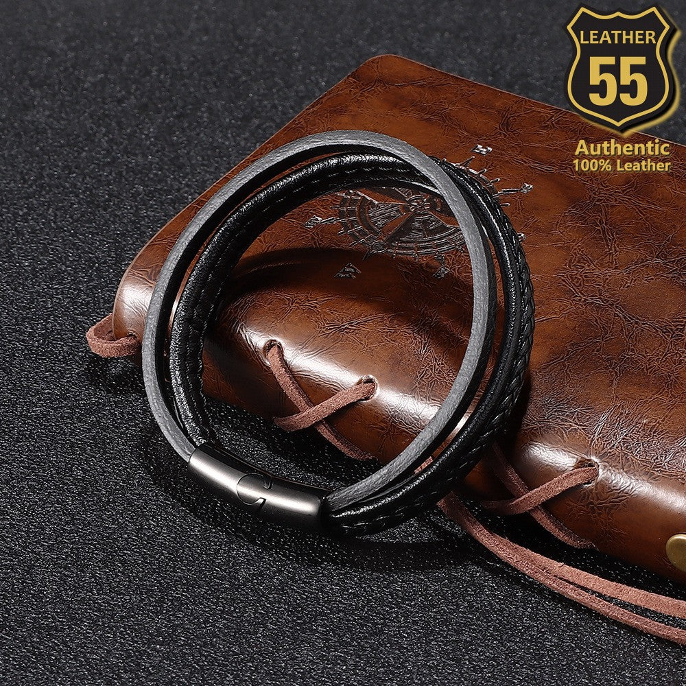 Leather 55 Ανδρικό Xειροποίητο Δερμάτινο βραχιόλι με ανοξείδωτο ατσάλι σε συσκευασία δώρου / Κωδικός Προϊόντος: C171