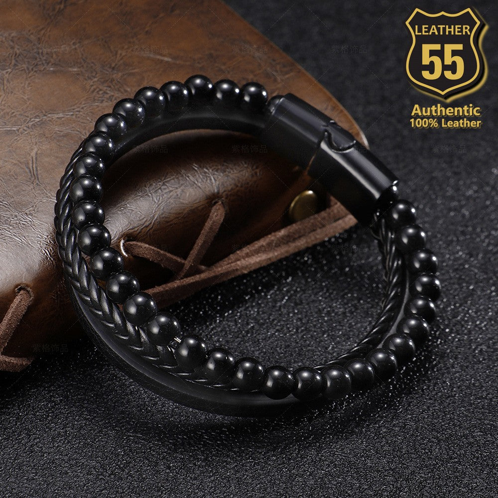 Leather 55 Ανδρικό Xειροποίητο Δερμάτινο βραχιόλι με ανοξείδωτο ατσάλι σε συσκευασία δώρου / Κωδικός Προϊόντος: C175