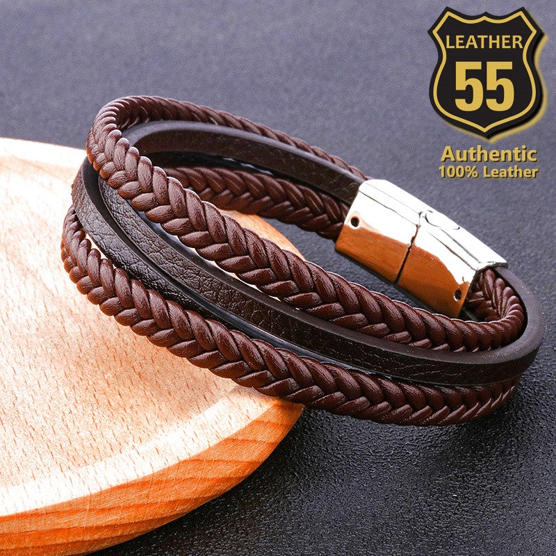 Leather 55 Ανδρικό Xειροποίητο Δερμάτινο βραχιόλι με ανοξείδωτο ατσάλι σε συσκευασία δώρου / Κωδικός Προϊόντος: C181