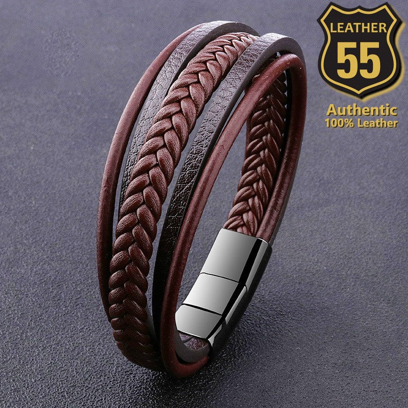 Leather 55 Ανδρικό Xειροποίητο Δερμάτινο βραχιόλι με ανοξείδωτο ατσάλι σε συσκευασία δώρου / Κωδικός Προϊόντος: C188