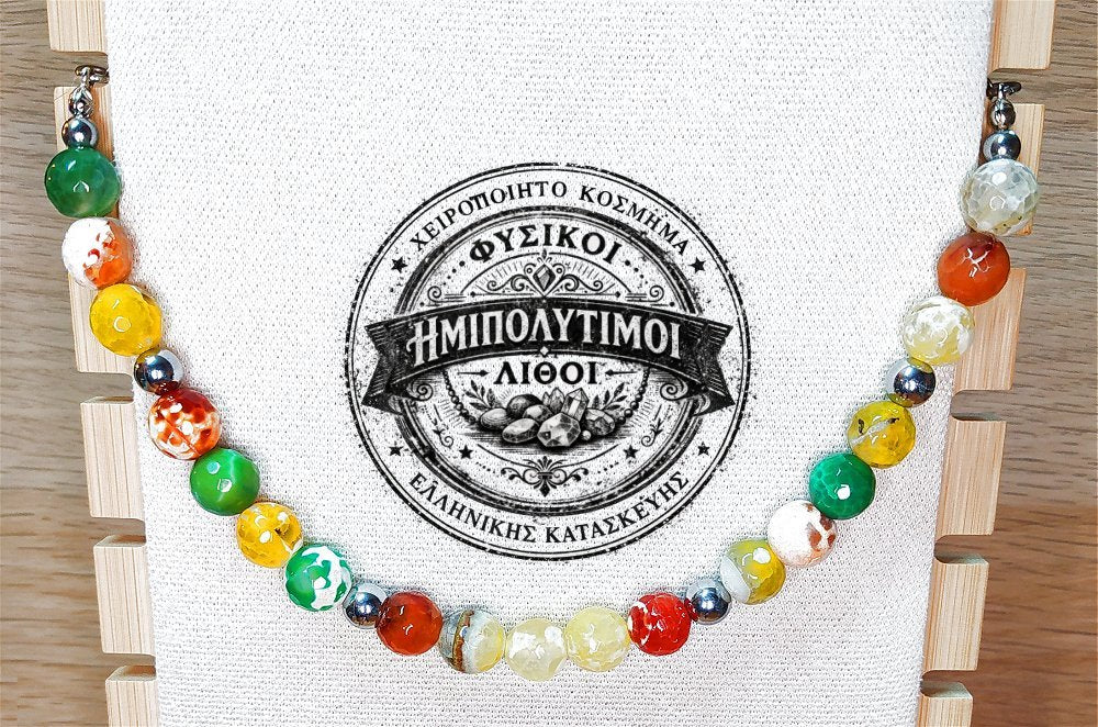 Κολιέ ημιπολύτιμων λίθων φυσικού Αχάτη κρακελέ και Αιματίτη / Κωδικός Προϊόντος: Ζ101