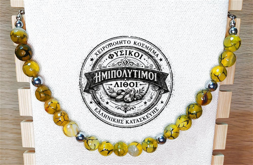 Κολιέ ημιπολύτιμων λίθων φυσικού Αχάτη Dragon Veins και Αιματίτη / Κωδικός Προϊόντος: Ζ103