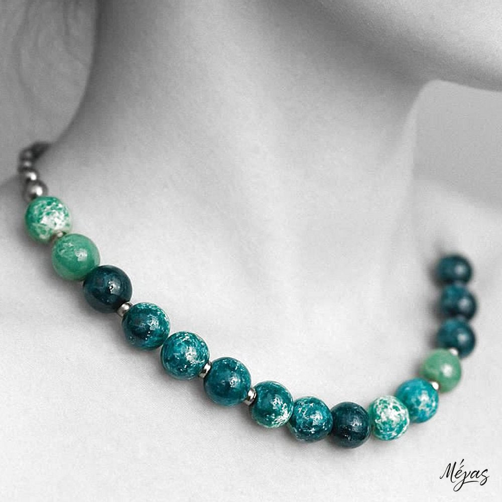 Κολιέ ημιπολύτιμων λίθων φυσικού Αχάτη κρακελέ και Αιματίτη / Κωδικός Προϊόντος: Ζ104