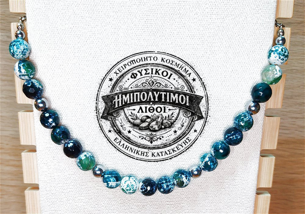 Κολιέ ημιπολύτιμων λίθων φυσικού Αχάτη κρακελέ και Αιματίτη / Κωδικός Προϊόντος: Ζ104