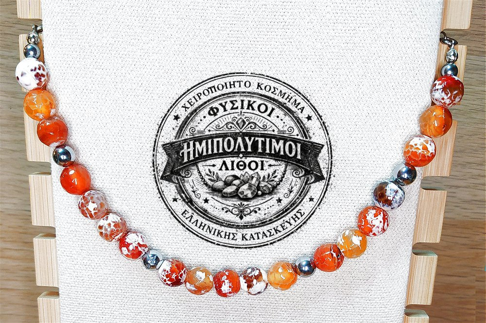 Κολιέ ημιπολύτιμων λίθων φυσικού Αχάτη κρακελέ και Αιματίτη / Κωδικός Προϊόντος: Ζ105