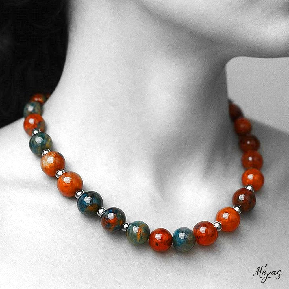 Κολιέ ημιπολύτιμων λίθων φυσικού Αχάτη και Αιματίτη / Κωδικός Προϊόντος: Ζ106