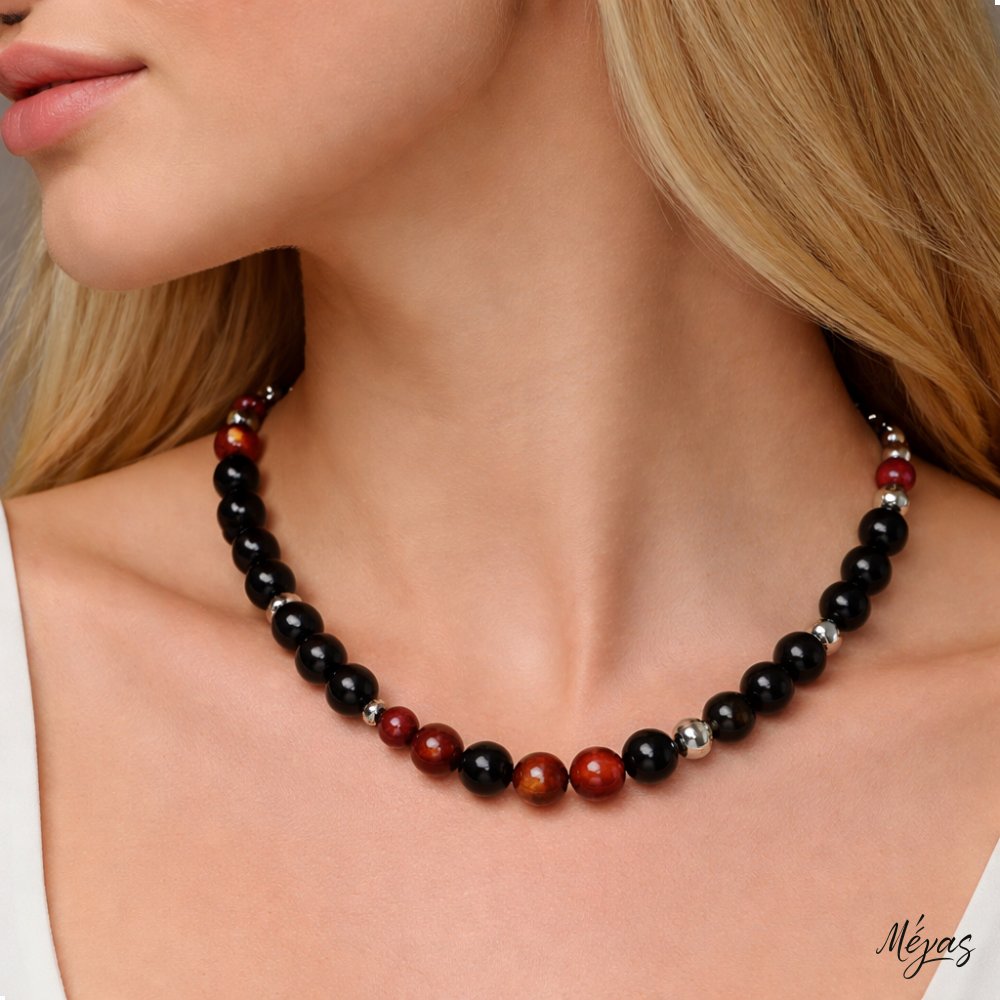 Κολιέ ημιπολύτιμων λίθων φυσικού Πύρινου Αχάτη και Αιματίτη / Κωδικός Προϊόντος: Ζ107