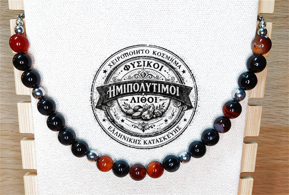 Κολιέ ημιπολύτιμων λίθων φυσικού Πύρινου Αχάτη και Αιματίτη / Κωδικός Προϊόντος: Ζ107