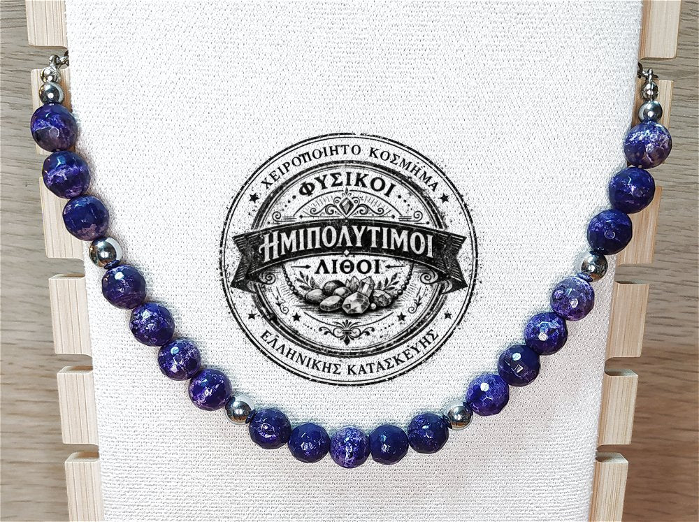 Κολιέ ημιπολύτιμων λίθων φυσικού Αχάτη και Αιματίτη / Κωδικός Προϊόντος: Ζ112