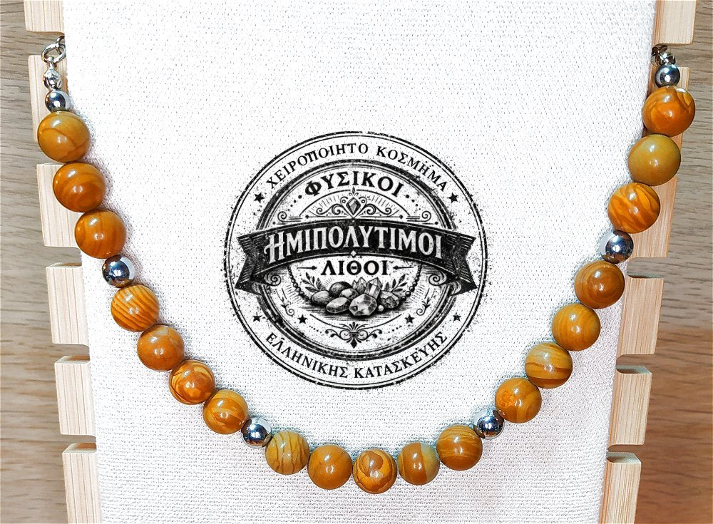 Κολιέ ημιπολύτιμων λίθων φυσικού Αχάτη και Αιματίτη / Κωδικός Προϊόντος: Ζ114