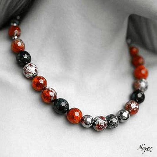 Κολιέ ημιπολύτιμων λίθων φυσικού Αχάτη και Αιματίτη / Κωδικός Προϊόντος: Ζ115