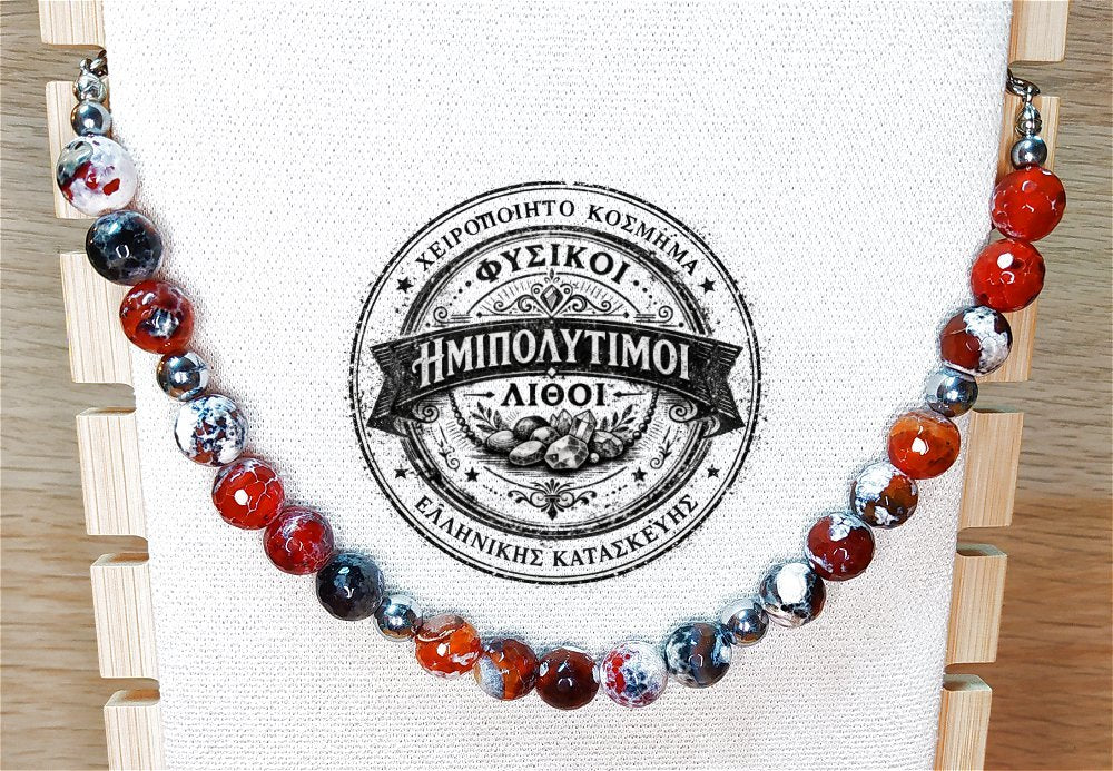 Κολιέ ημιπολύτιμων λίθων φυσικού Αχάτη και Αιματίτη / Κωδικός Προϊόντος: Ζ115