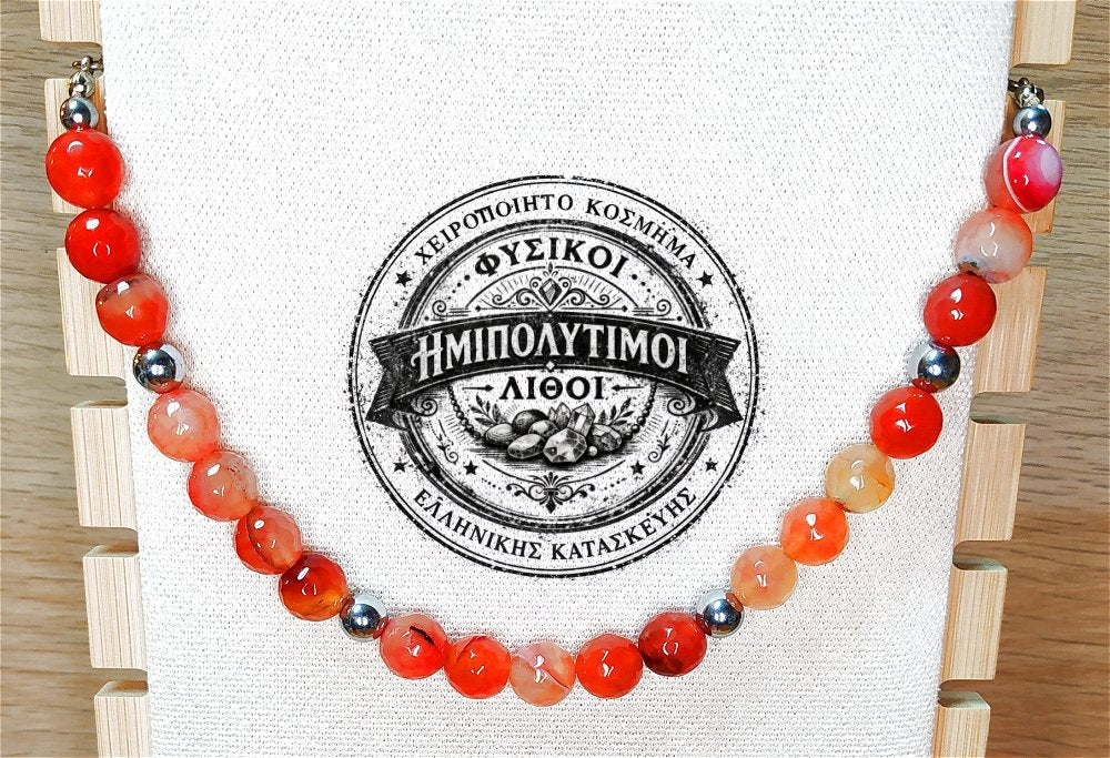 Κολιέ ημιπολύτιμων λίθων φυσικού Αχάτη και Αιματίτη / Κωδικός Προϊόντος: Ζ116