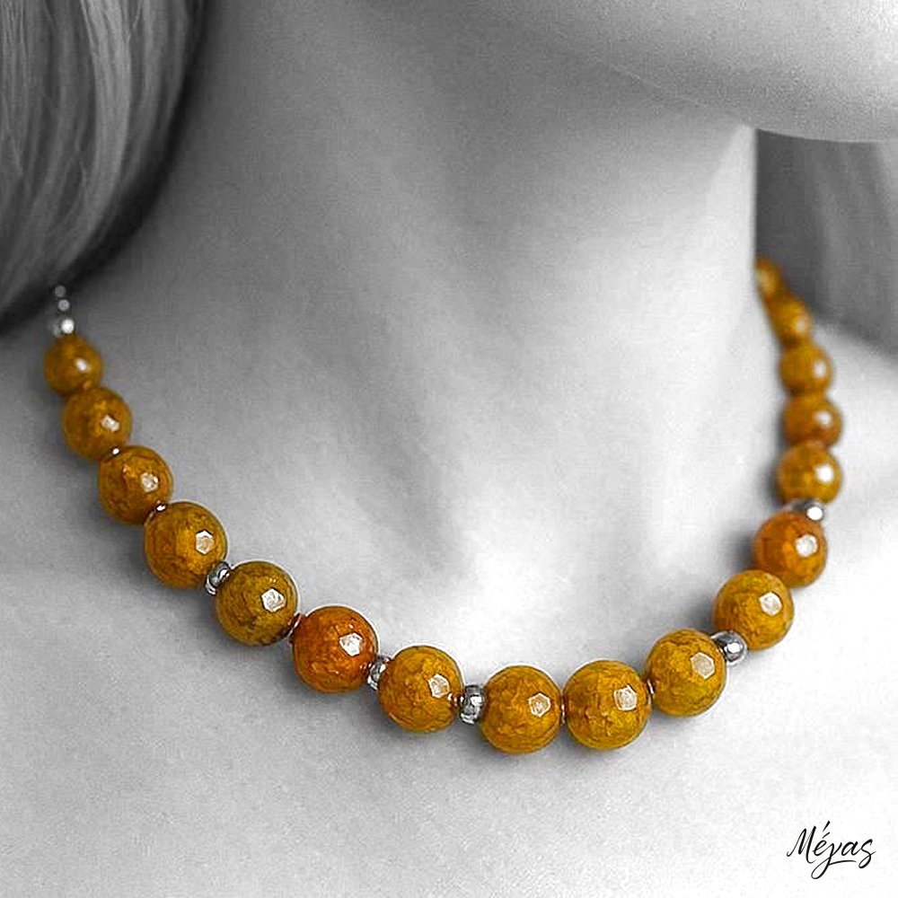 Κολιέ ημιπολύτιμων λίθων φυσικού Αχάτη και Αιματίτη / Κωδικός Προϊόντος: Ζ117