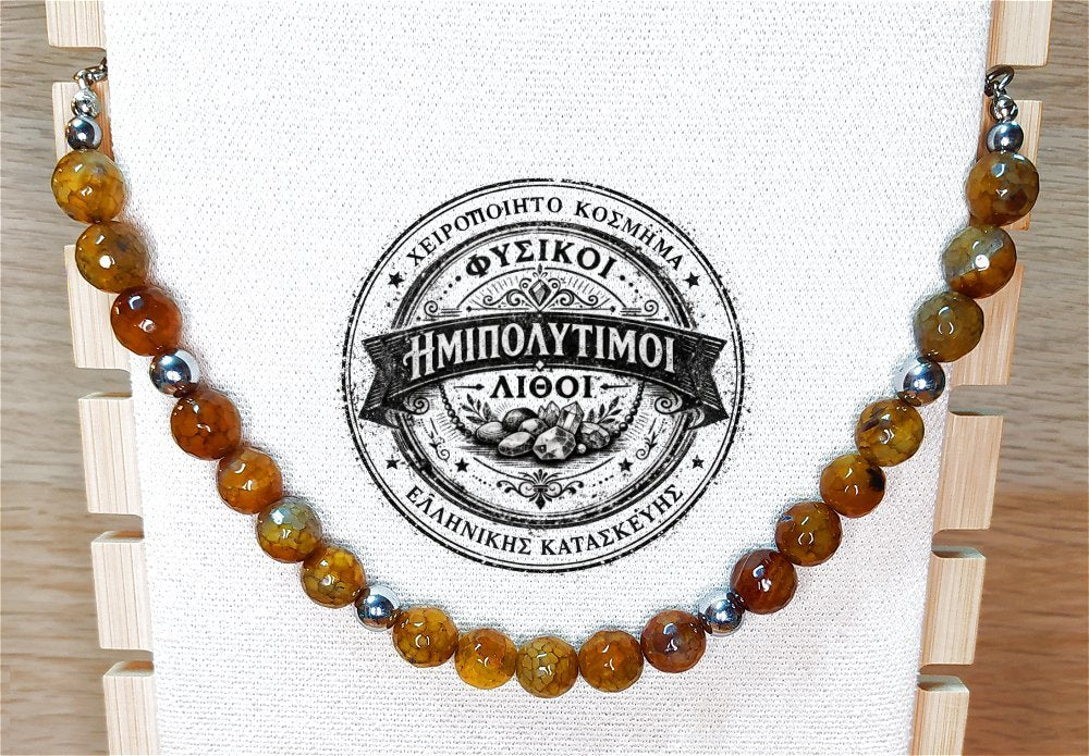 Κολιέ ημιπολύτιμων λίθων φυσικού Αχάτη και Αιματίτη / Κωδικός Προϊόντος: Ζ117