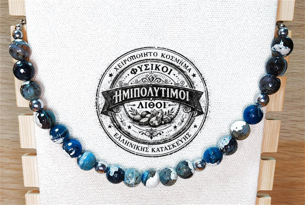 Κολιέ ημιπολύτιμων λίθων φυσικού Αχάτη και Αιματίτη / Κωδικός Προϊόντος: Ζ118