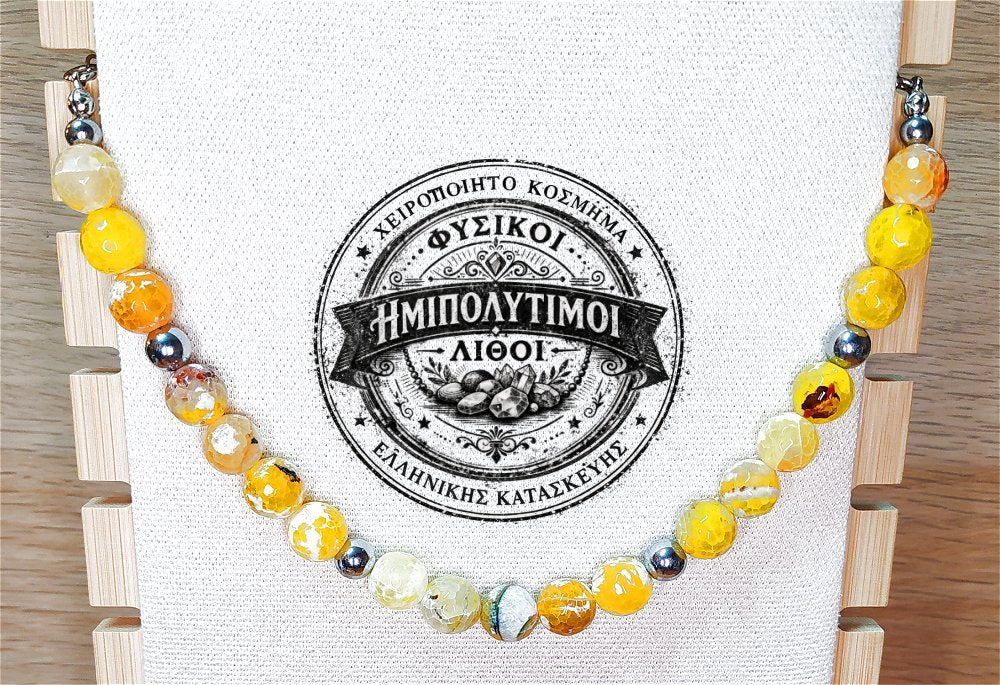 Κολιέ ημιπολύτιμων λίθων φυσικού Αχάτη και Αιματίτη / Κωδικός Προϊόντος: Ζ120