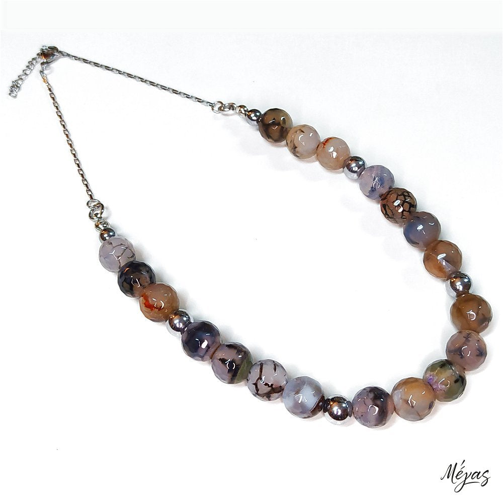 Κολιέ ημιπολύτιμων λίθων φυσικού Αχάτη Dragon Veins και Αιματίτη / Κωδικός Προϊόντος: Ζ122