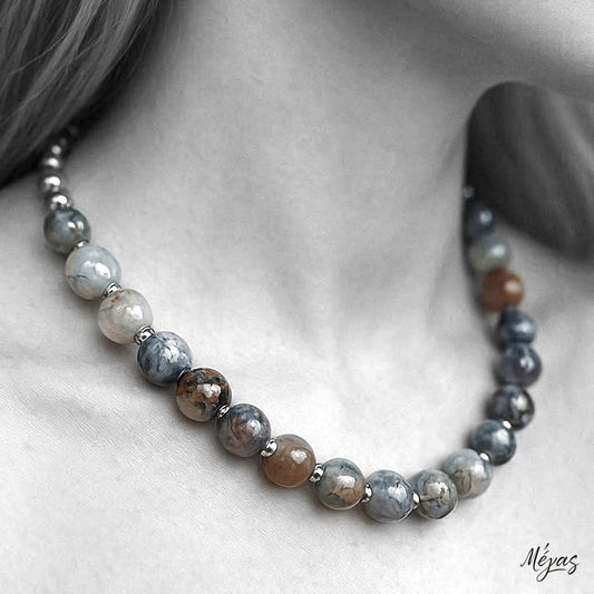 Κολιέ ημιπολύτιμων λίθων φυσικού Αχάτη Dragon Veins και Αιματίτη / Κωδικός Προϊόντος: Ζ122