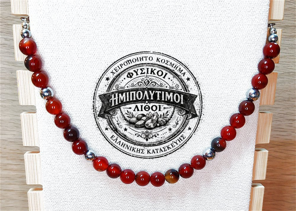 Κολιέ ημιπολύτιμων λίθων φυσικού Πύρινου Αχάτη και Αιματίτη / Κωδικός Προϊόντος: Ζ125