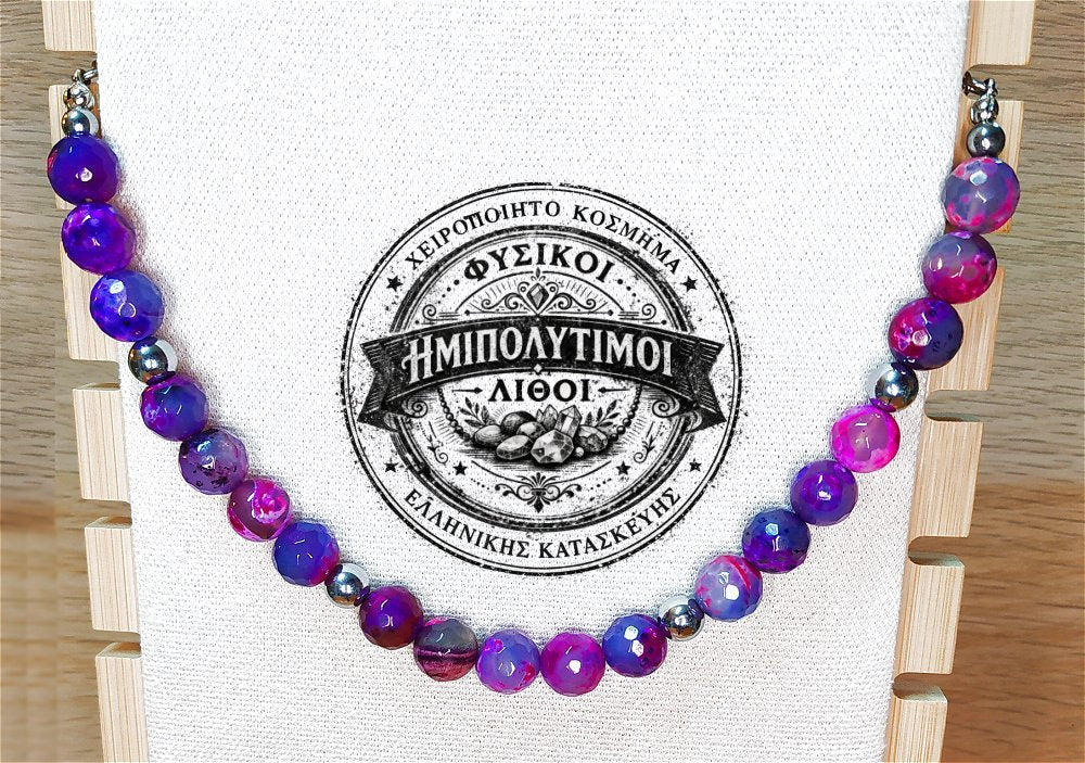 Κολιέ ημιπολύτιμων λίθων φυσικού Αχάτη και Αιματίτη / Κωδικός Προϊόντος: Ζ126