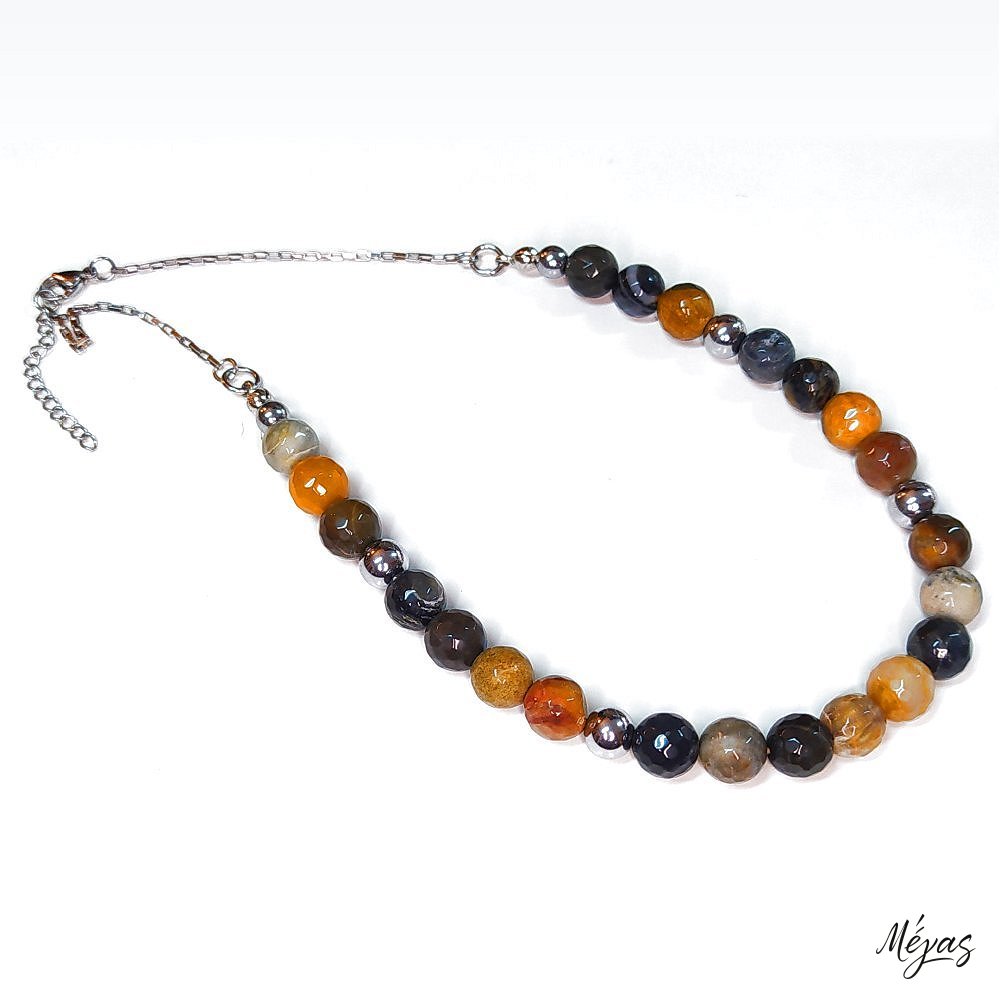 Κολιέ ημιπολύτιμων λίθων φυσικού Αχάτη και Αιματίτη / Κωδικός Προϊόντος: Ζ127