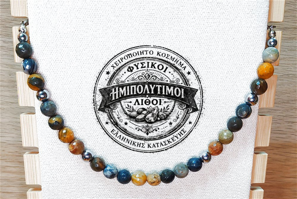 Κολιέ ημιπολύτιμων λίθων φυσικού Αχάτη και Αιματίτη / Κωδικός Προϊόντος: Ζ127