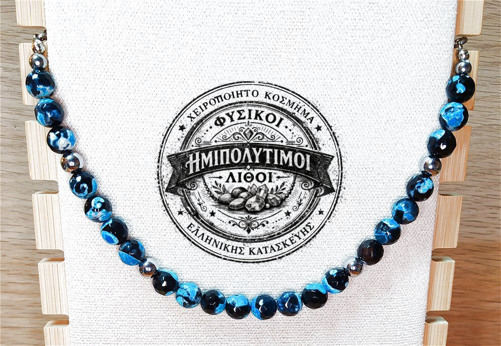 Κολιέ ημιπολύτιμων λίθων φυσικού Αχάτη και Αιματίτη / Κωδικός Προϊόντος: Ζ153