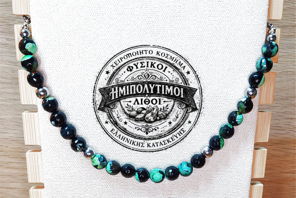 Κολιέ ημιπολύτιμων λίθων φυσικού Αχάτη και Αιματίτη / Κωδικός Προϊόντος: Ζ154