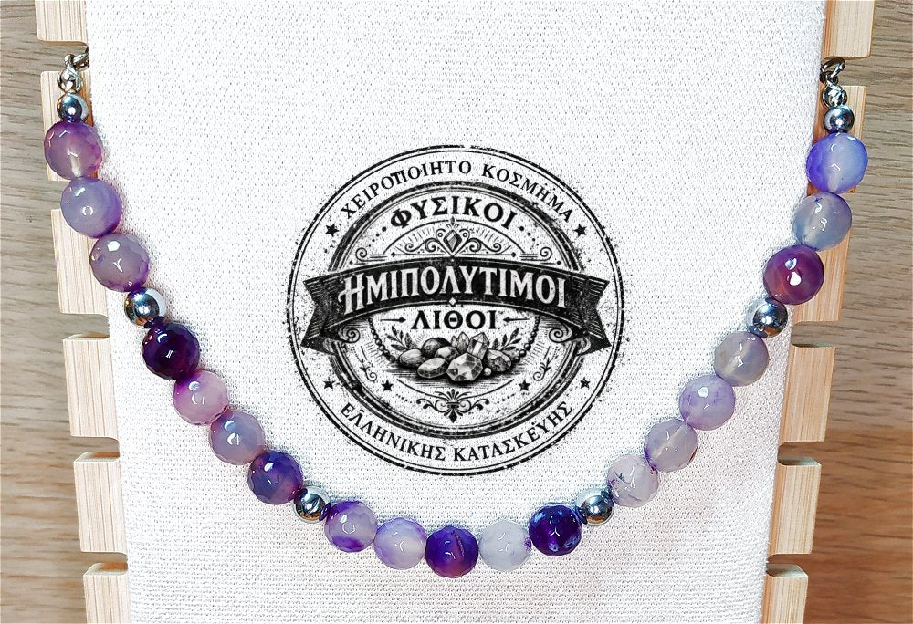 Κολιέ ημιπολύτιμων λίθων φυσικού Αχάτη και Αιματίτη / Κωδικός Προϊόντος: Ζ163