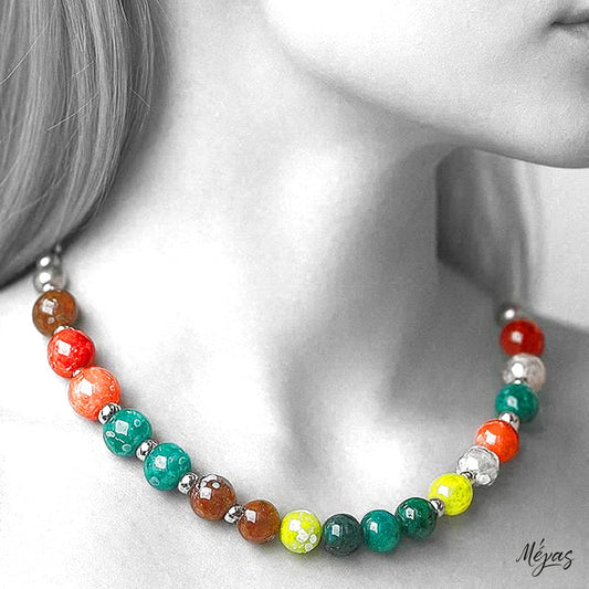 Κολιέ ημιπολύτιμων λίθων φυσικού Αχάτη κρακελέ και Αιματίτη / Κωδικός Προϊόντος: Ζ164