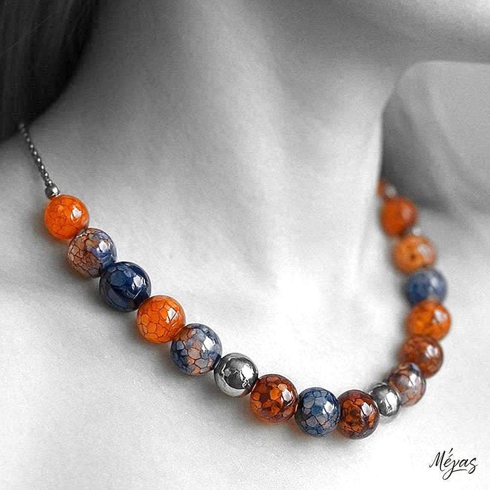 Κολιέ ημιπολύτιμων λίθων φυσικού Αχάτη Dragon Veins και Αιματίτη / Κωδικός Προϊόντος: Ζ165