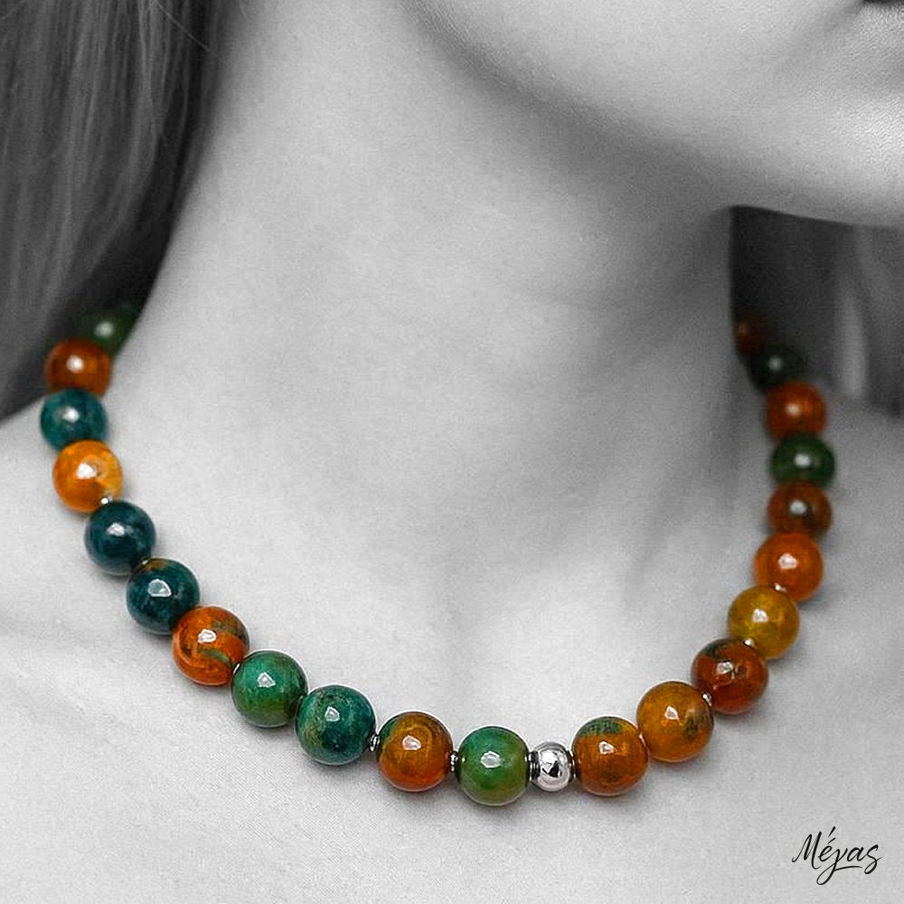 Κολιέ ημιπολύτιμων λίθων φυσικού Αχάτη και Αιματίτη / Κωδικός Προϊόντος: Ζ166