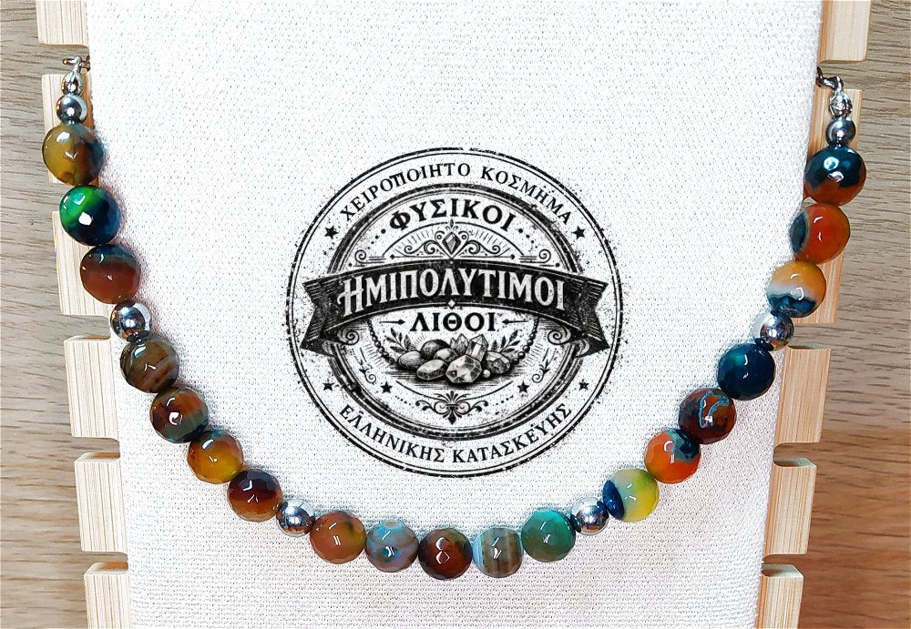 Κολιέ ημιπολύτιμων λίθων φυσικού Αχάτη και Αιματίτη / Κωδικός Προϊόντος: Ζ166