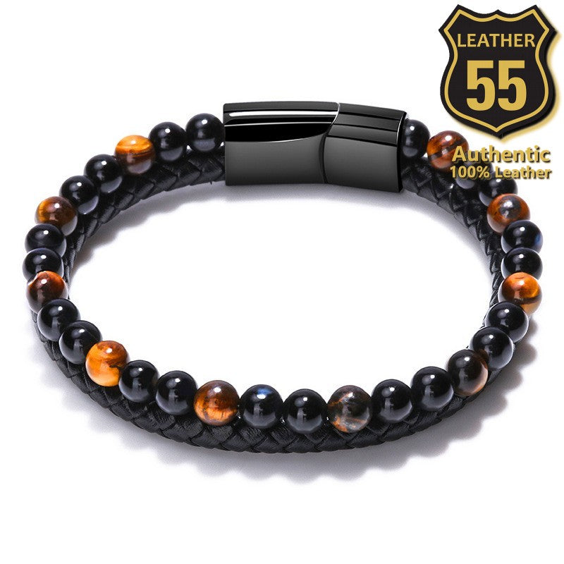 Leather 55 Ανδρικό Xειροποίητο Δερμάτινο βραχιόλι με ανοξείδωτο ατσάλι σε συσκευασία δώρου / Κωδικός Προϊόντος: C101