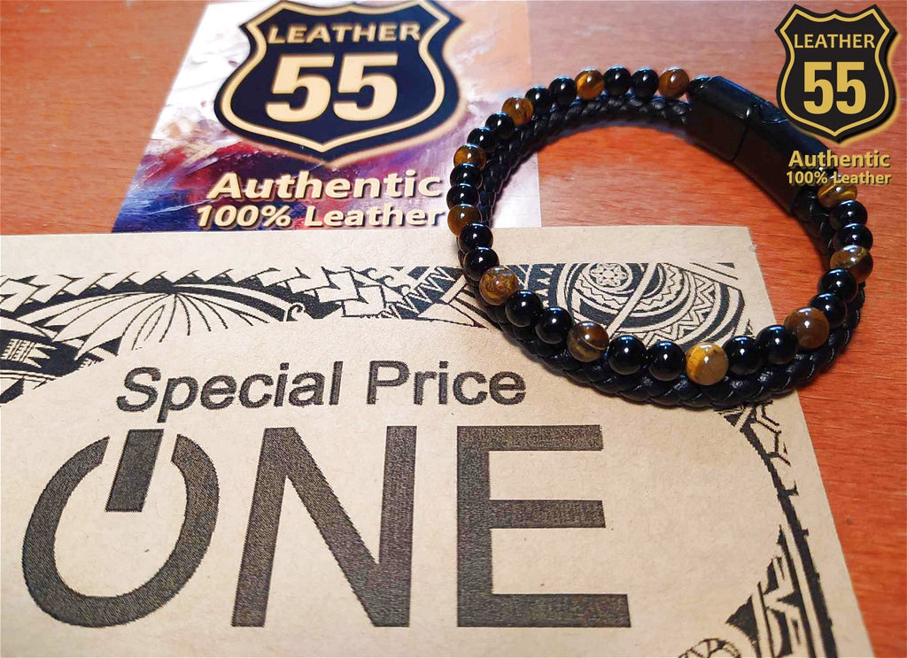 Leather 55 Ανδρικό Xειροποίητο Δερμάτινο βραχιόλι με ανοξείδωτο ατσάλι σε συσκευασία δώρου / Κωδικός Προϊόντος: C101