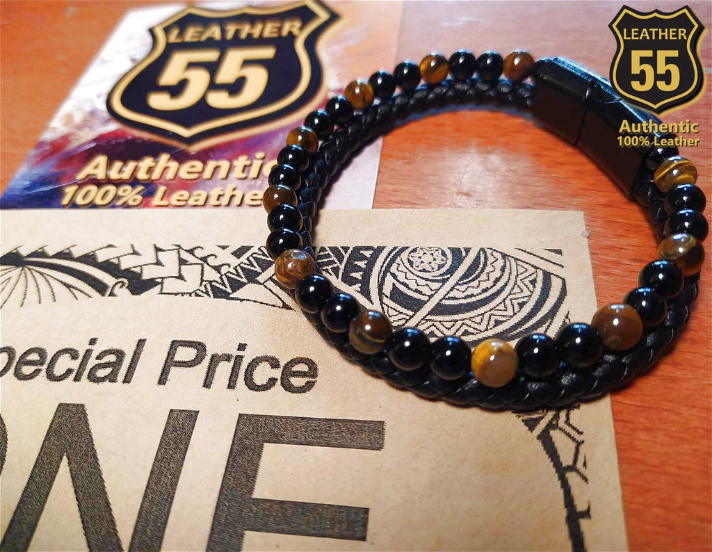 Leather 55 Ανδρικό Xειροποίητο Δερμάτινο βραχιόλι με ανοξείδωτο ατσάλι σε συσκευασία δώρου / Κωδικός Προϊόντος: C101