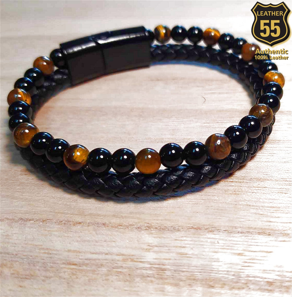 Leather 55 Ανδρικό Xειροποίητο Δερμάτινο βραχιόλι με ανοξείδωτο ατσάλι σε συσκευασία δώρου / Κωδικός Προϊόντος: C101